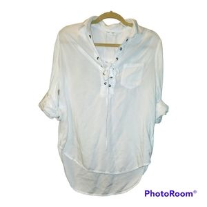 BeachLunchLounge White Loose Tunic Blouse 3/4 Sleeve Lace-up Sz Small